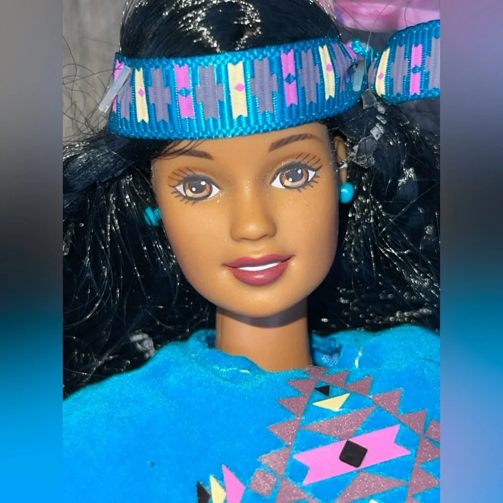 Native American Indian Barbie w vtg Totsy Baby Blue Fringe Dress w Bead Detail